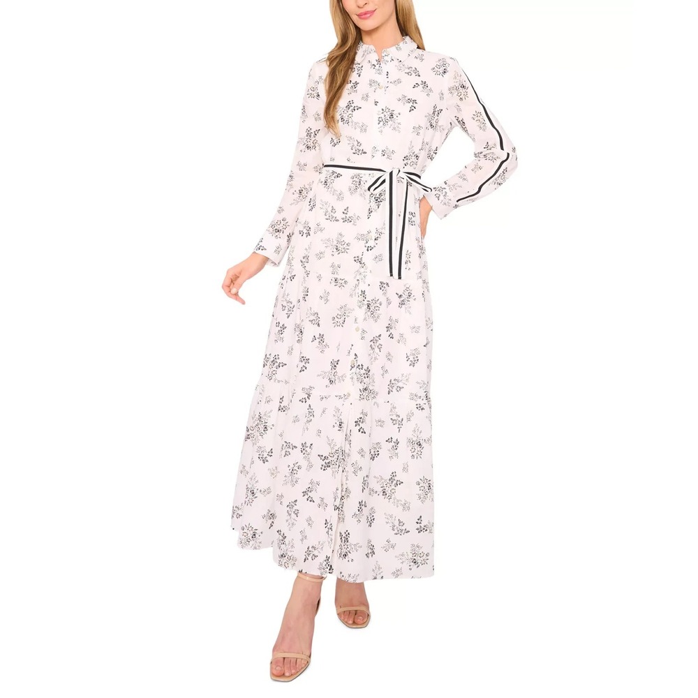 CeCe Women's Floral Long Sleeve Tie-Waist Shirtdress Size M